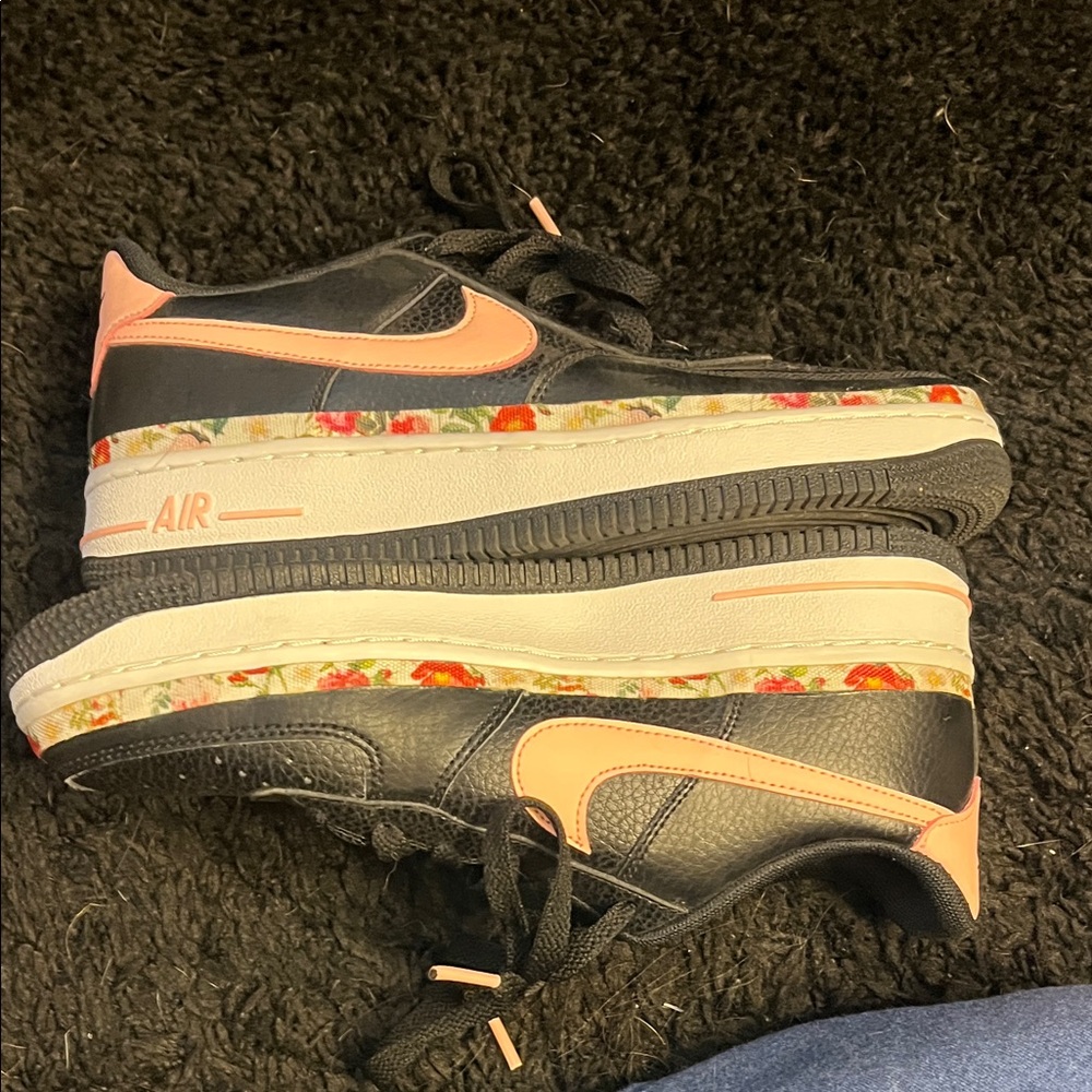 Nike Black and Pink Air Force 1s with Floral Accent